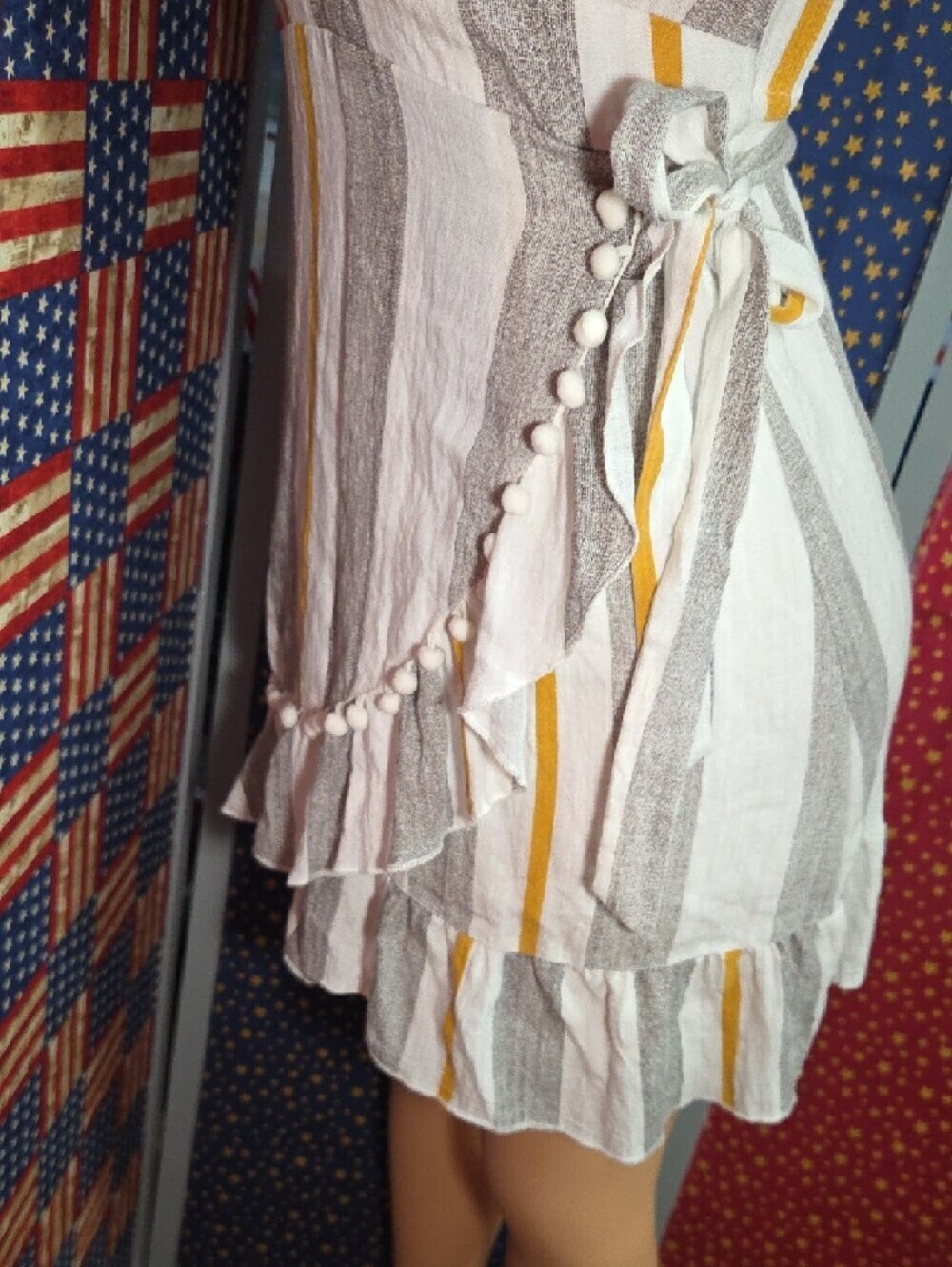 Simplee Apparel White, Gray & Mustard Striped Wrap Mini Dress - Picture 6 of 9